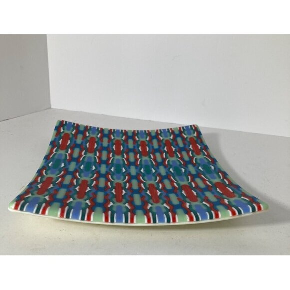 Tapestry Fused Art Glass Curved‎ Trinket Tray Plate Red Green Blue White 7.5 x 9 - Picture 3 of 6